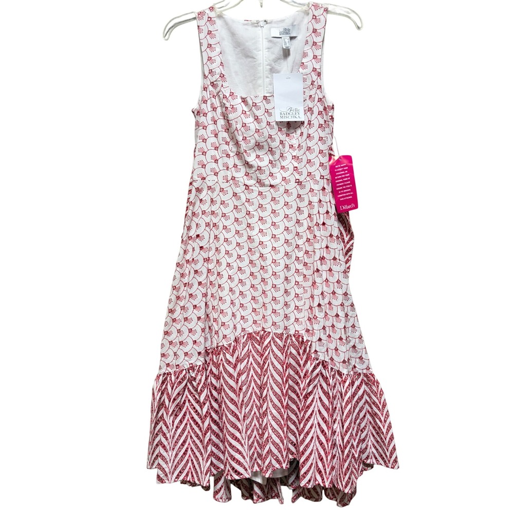 Belle‎ Badgley Mischka Ellis Dress Red White Embroidered High Low Midi 0 BL3676